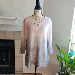 Allison Daley Mandala Print Ombre Pink Gray 3/4 Sleeve Tunic Top Size L
